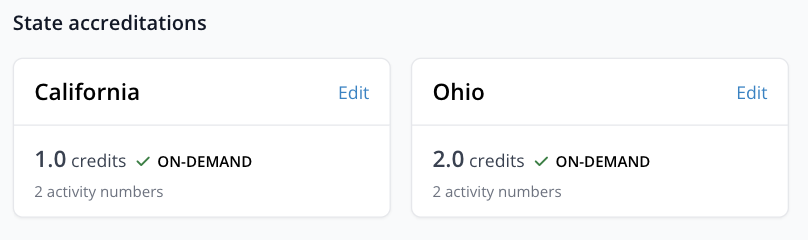 State accreditation cards showing California and Ohio credits