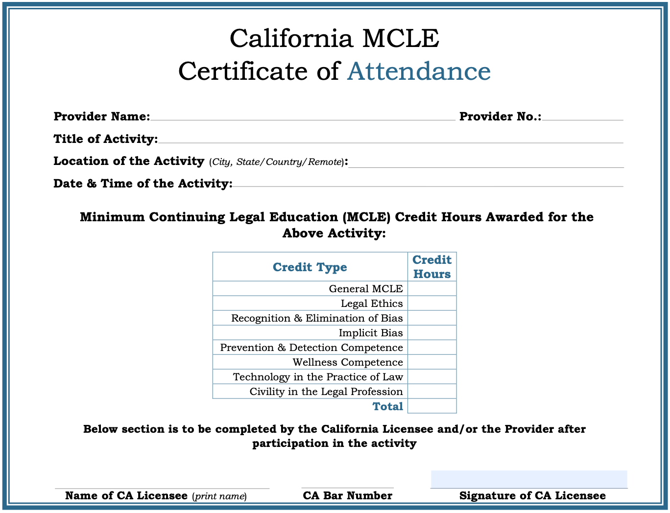 California MCLE certificate of attendance