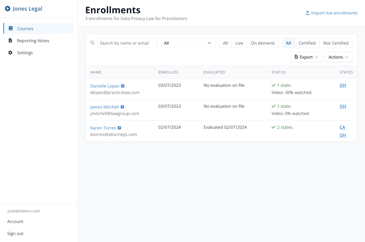 Enrollment data with state-specific reporting and export